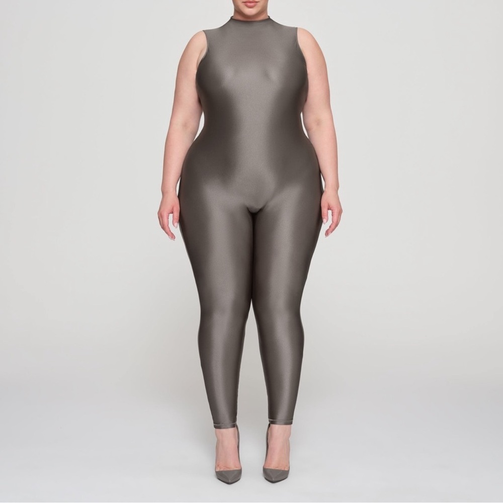 SKIMS Metallic Olive High-Neck Sleeveless Jumpsuit